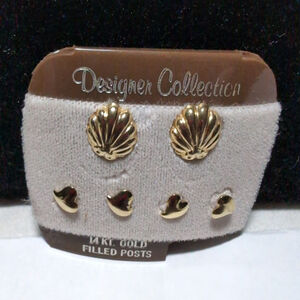 Women's Designer Collection Gold Tone Shell & Heart Stud Earrings Set, One Size